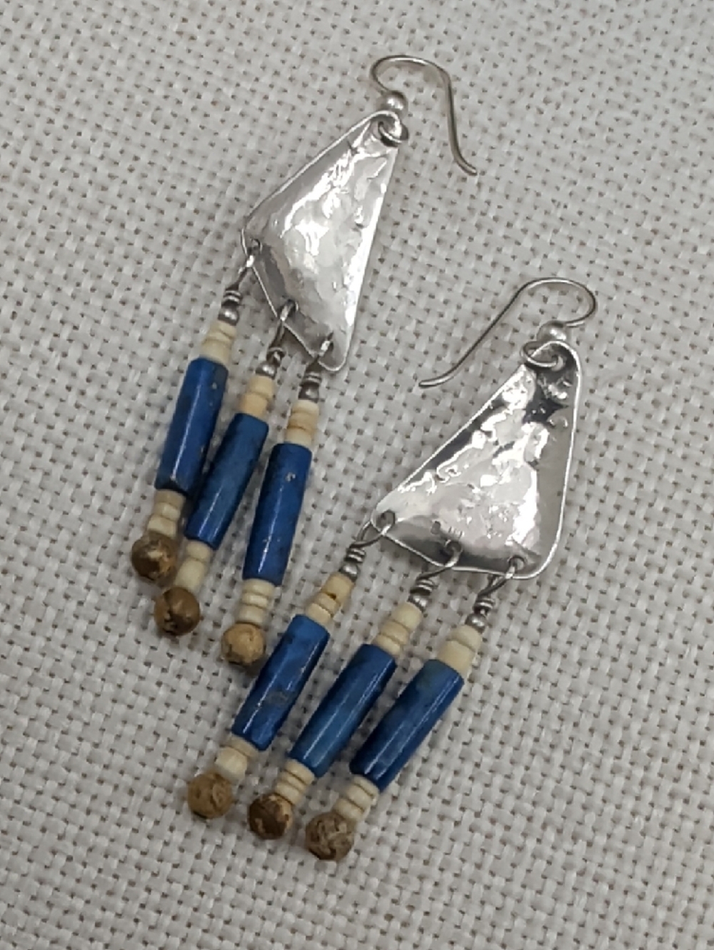 Vintage Sterling 925 Lapis Southwestern Fringe Long Drop Earrings Boho 1990s - Picture 8 of 17